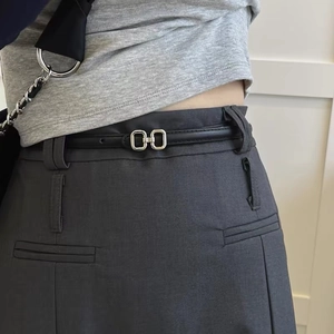 Minimalist black thin leather belt for women featuring a double square silver metal buckle