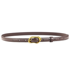 Détail d'une fine ceinture en cuir marron foncé avec boucle ovale vintage dorée