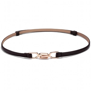 Slim dark coffee leather waist belt for women with rose gold interlocking D-ring buckle