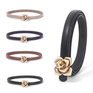 Women's Skinny PU Leather Belt With 3D Rose Flower Buckle Elegant Vintage Knot Waist Belt For Dresses Sweaters Accessories