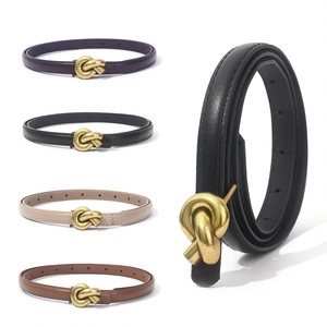 Women Retro Minimalist Skinny PU Leather Belt Gold Knot Metal Buckle Versatile Thin Waist Belt For Dress Coat Fashion Accessory
