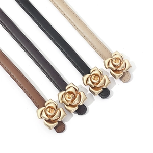Slim PU leather belts with gold rose buckles in black brown coffee and beige set for dresses
