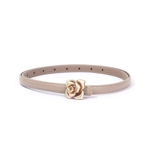 Elegant beige slim PU leather belt for women with a gold 3D rose flower metal buckle