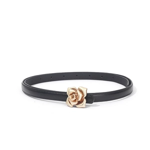 Elegant thin black PU leather belt with a 3D golden rose flower buckle for women
