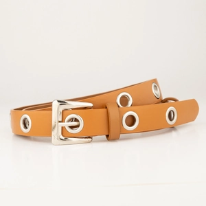 Light brown faux leather grommet belt with silver square buckle and star detail
