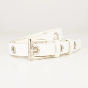 Close-up of white PU leather belt with silver metal eyelets and star engraved buckle