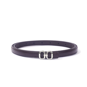 Detail of slim dark brown leather belt with polished silver double oval buckle