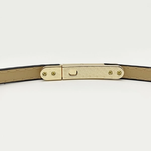 Dettaglio della fibbia in metallo dorato con trama a nido d'ape su cintura in pelle beige