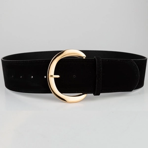 Minimalist wide suede waist belt for women with large gold C-shape buckle in black
