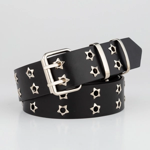 Punk black leather belt with double row star grommets and silver square buckle