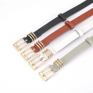 Minimalist faux leather women's belts with golden pin buckles in four assorted colors