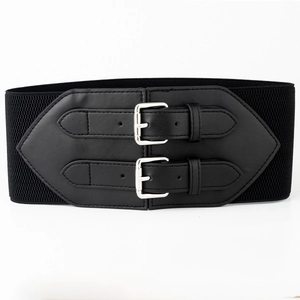 Detail of black corset belt showing double silver buckles and textured faux leather