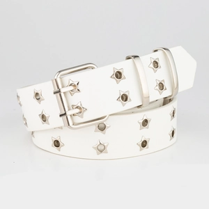 White leather belt with star eyelets and double-prong silver buckle in punk style