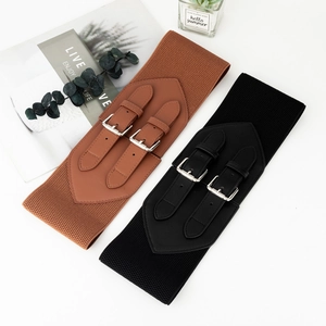 Elegant wide elastic waist belts in black and camel leather with double silver buckles