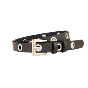 Gothic style black leather eyelet belt with silver metal grommets for women's jeans