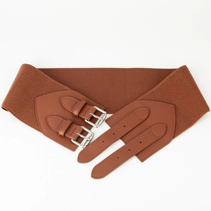 Women's wide dark brown elastic waist belt with double buckle leather panel accents
