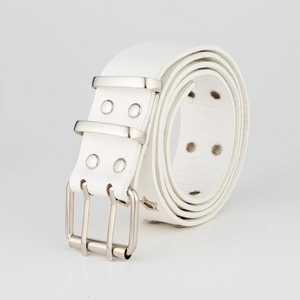Detail of white punk belt featuring double-prong silver buckle and star-shaped rivets
