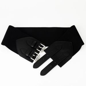 Close-up of a wide black elastic corset belt featuring dual silver metal buckles on white