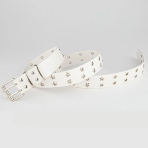 Detail view of white punk belt with star-shaped eyelets and double-prong silver buckle