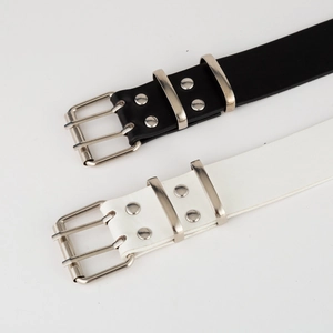 Punk style double grommet leather belt with silver buckles in black and white colors