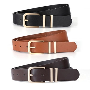 Detail view of women's waist belts in black, brown, and coffee with gold buckles