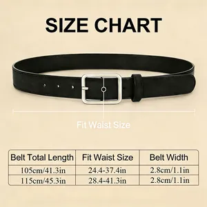 Detailed size chart for the minimalist matte leather belt with square metal buckle