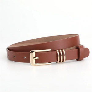 Minimalist caramel brown waist belt with golden buckle and decorative rings for dresses