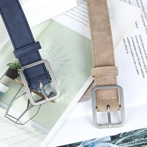 Minimalist matte leather belts with square metal buckles in navy and khaki tones