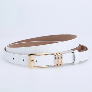 Close-up of white lychee pattern belt with gold pin buckle and three decorative loops