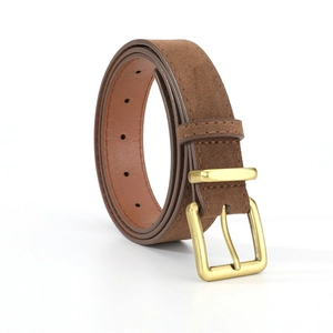 Detail of suede leather belt with fine stitching and a polished golden square buckle