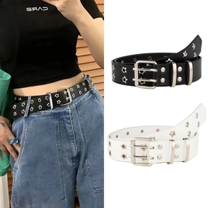 Women Punk Faux Leather Belt Double Prong Buckle Star Eyelets Hollow Out Y2K Streetwear Fashion Adjustable Waist Strap
