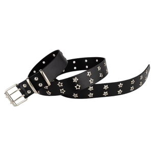 Punk black leather belt with silver star rivets and double prong buckle on white backdrop