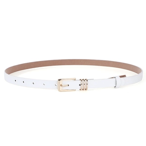 Detail of white faux leather belt showing golden pin buckle and metal ring accents