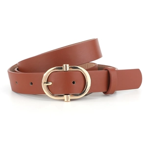 Vue détaillée de la texture du cuir marron et de la boucle dorée ovale sur la ceinture