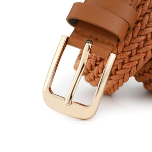 Ethnic woven hemp rope belt in tan with a polished gold pin buckle and leather detail