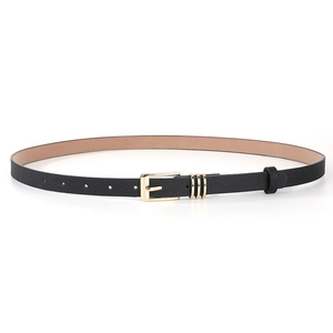 Close-up of women's black faux leather belt with gold pin buckle and decorative rings