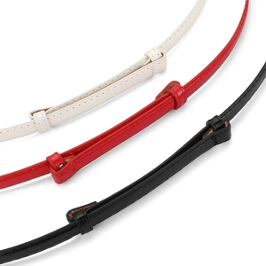 Adjustable skinny patent leather belts for dresses in black, red, and white colors