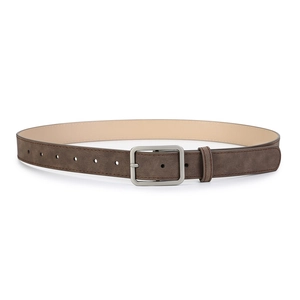 Detail of dark brown matte leather belt with silver square metal buckle and neat edge stitching
