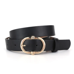 Ceinture minimaliste en cuir noir pour femme avec boucle ovale dorée et texture litchi