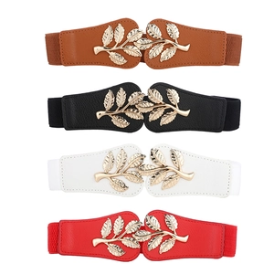 Women Vintage Elastic Waist Belt Golden Leaf Metal Buckle Cinching Waist Seal Synthetic Leather Splicing Stretch Waistband Dress
