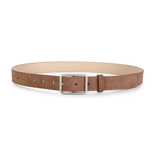 Detail of a brown matte suede leather belt featuring a silver square pin buckle