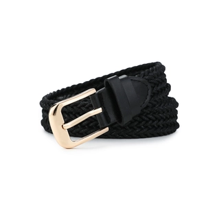 Detailed close-up of black braided elastic belt with light gold metal pin buckle and faux leather