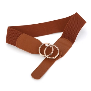 Ceinture large élastique marron avec double boucle dorée pour robes et manteaux