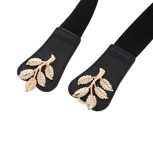 Elastic black waist belt with decorative golden leaf buckle for women's dresses