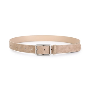 Detail of beige suede belt with a silver square buckle and precision stitched edges