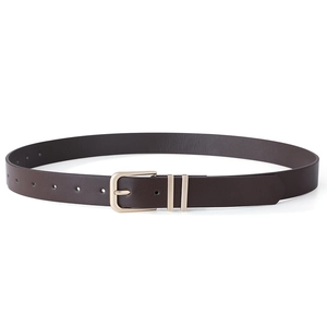 Detailed view of dark brown leather belt with matte gold double loop and pin buckle clasp