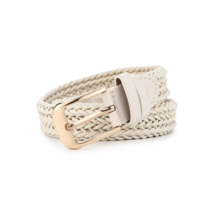 Close-up of cream woven rope belt with golden metal buckle and leather joint detail