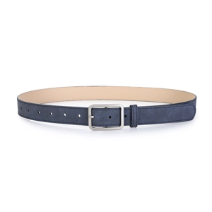 Detail of navy blue frosted leather belt with silver square buckle and smooth inner lining