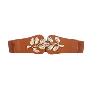Vintage leaf buckle elastic waist belt in brown faux leather for women's dress styling