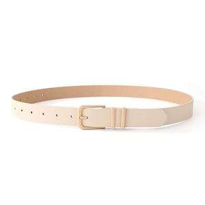 Close-up of beige faux leather belt with minimalist gold square buckle and double loops